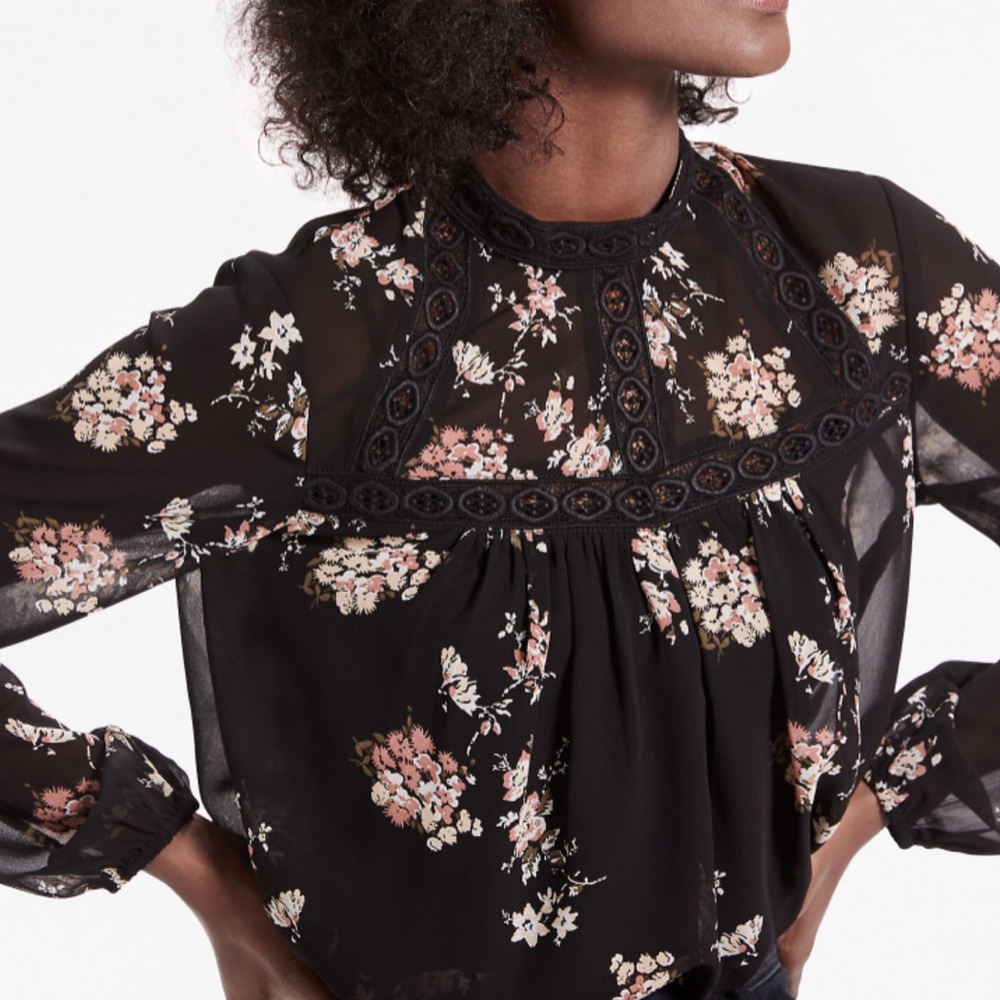 Lucky Brand black sheer floral mock neck blouse Dark romantic blouse Fancy top